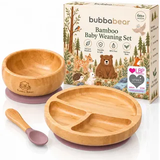 Bubba Bear Kindergeschirr-Set | Kinderteller mit Saugnapf | Geschirrset für Kleinkinder | Unterteilter Babyteller | Bambus Babygeschirr mit Löffel fürs Essen und Füttern | Baby Teller (Holunderbeere)