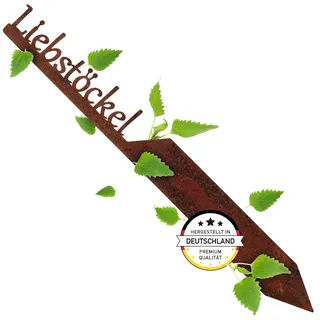 EXTRAVAGANT® Gartenstecker „Liebstöckel“ Kräuterstecker Kräuterschilder Pflanzenschilder Pflanzenstecker Metall Stahl Rost Edelrost wetterfest für Garten Beet Gartenschilder Gartendeko Roststecker