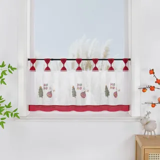 Yujiao Mao Weihnachts Scheibengardine mit Tannenbäume-Stickerei Bistrogardine Festliche Fensterdeko für Küche Bad Schlaufen Transparent Weiß H60xB120cm, 1 Stück