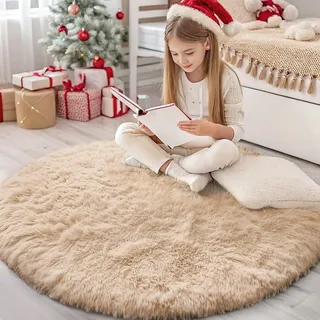 Homaxy Hochflor Waschbar Klein Teppich Wohnzimmer 120 cm Rund, Beige