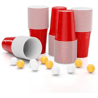 Metionga Original American Red Cups, 100 Partybecher + 10 Bälle, Plastikbecher Wiederverwendbar 473ML/16OZ, Rote Becher, Becher Plastik, Getränkebecher für Party Geburtstag Hochzeit