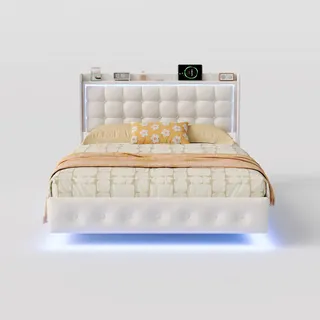 EuroLiving Polsterbett 140x200 cm Schwebebett mit LED & Usb, Samtstoff Beige Doppelbett mit Lattenrost , Metall , 140x200 cm , Schlafzimmer, Betten, Polsterbetten