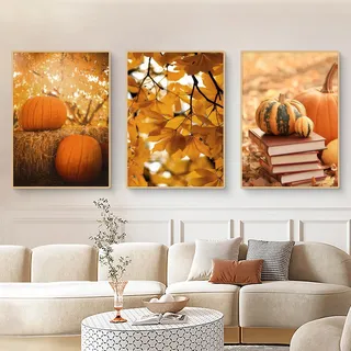 Viusneun 3er Premium Poster Set, Aesthetic Kürbis Wandbilder Herbstblatt Leinwandbilder Herbst Wanddeko für Wohnzimmer Schlafzimmer Ohne Rahmen (50 x 70 cm)