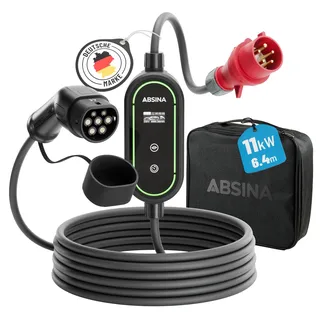 ABSINA Mobile Wallbox 11kW mit Einstellbarer Ladeleistung - Typ 2 Ladekabel E Auto 16A 3 phasig IP67 mit 6,6 m Kabel - 11kW Ladegerät Typ 2 für i3, e-Up, ID.3, Zoe, fortwo, Kona UVM - 11 kW Wallbox