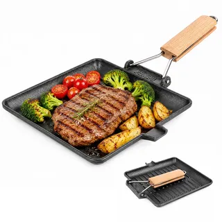 Junrvivy Grillpfanne Gusseisen - 20cm Steakpfanne Induktion Klappbare Griff | BBQ Grill Pan 20 x 20 cm Antihaft Pfanne für alle Herdarten Geeignet, Gusspfanne Steak Grillgut Grillplatte für Camping Küche