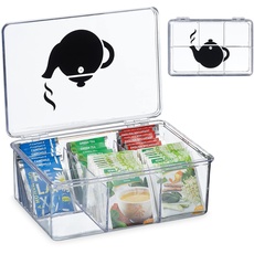 Relaxdays Teebox, Kunststoff, 6 Fächer, Teekasten mit Deckel, HBT: 9 x 21,5 x 15 cm, Teebeutel Aufbewahrung, transparent