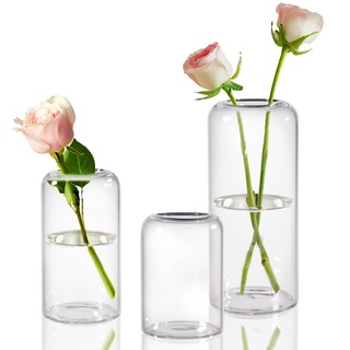 ZENS Kleine Vase Glas für Tischdeko,Deko Vasen Set 3er Zylinder Knospe Blumenvase mit Schmalem Mund für Hochzeit,Handgeblasen Glasvase für Heimdekoration Mittelstücke