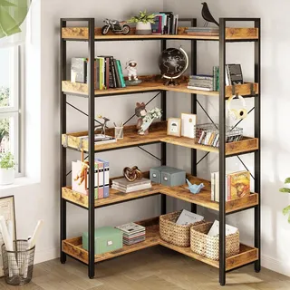 GarveeHome 5-Stufiges Eck Bücherregal,167cm l-Förmiges Bücherregal Im Industrial-Stil Mit Kippschutz, 2 Montagemöglichkeiten, Freistehendes Ausstellungsregal Für Wohnzimmer, Schlafzimmer Und Büro