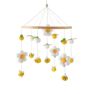 Herfair Bienen Baby Mobiles Bettglocke Blumen, Mobile Baby Windspiele Babybett Anhänger Baby Mobile für Bett Kinderbett Holz mit Filzbällen Dekor Neugeborenen Geschenk (Gelb)
