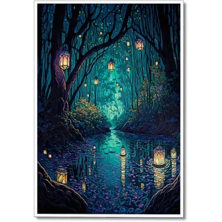 Yuaruo Fantasy Spiritueller Wald Leinwand Wandkunst, magische coole Laternen auf Bäumen, blaues Poster für Zimmer, ästhetisch, Feen-Wunderland, dunkle Nacht, Glühwürmchen, Fluss, Bild, Dekoration,