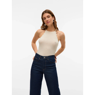 Stricktop VERO MODA "VMPANAMA SL KNIT TOP VMA NOOS", Damen, Gr. M, beige (birch), Strick, Obermaterial: 75% Polyester, 25% Polyacryl, unifarben, regular fit taillenbedeckt, amerikanischer Ausschnitt, Häkelkante, Tops Stricktop, im tollen Ajour-Strickmuster