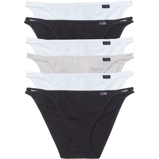 Tangaslip BONPRIX "Tanga Slip (6er Pack)", Damen, Gr. 40/42 (M), 6 Stk., schwarz (schwarz, weiß, grau, beige), Obermaterial: 95% Baumwolle, 5% Elasthan, Unterhosen Tangaslip, mit doppelten Seitenbändern, bequeme Passform, im 6er-Pack