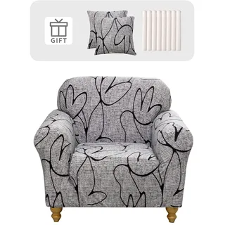 Lydevo Sofabezug 1 Sitzer Stretch Sofahusse Elastischer Sofabezug Spandex Sofa Überzug mit 2 Kissenbezug Anti-Rutsch Waschbar Sofa Protection Cover Schonbezug Couch,Graue Blume