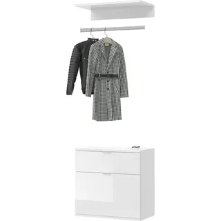 Garderobe Set 3-teilig "SystemX" weiß Hochglanz Kommode und Kleiderstange 61 cm - Weiß