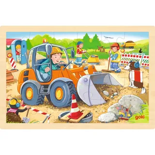 GoKi 57411 Einlegepuzzle Baustelle aus Holz, Holzpuzzle mit Bagger und Bauarbeitern, Lernspielzeug und Kinderpuzzle, fördert Fantasie und Motorik, 30cm x 20cm, 24er Set, ab 3 Jahre