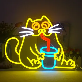 LUCUNSTAR Trinken Katze Neon Schild, Tier Neon Schild für Wand Dekor, Katze Neon Licht mit USB Betrieben für Wohnzimmer, Schlafzimmer, Kinderzimmer