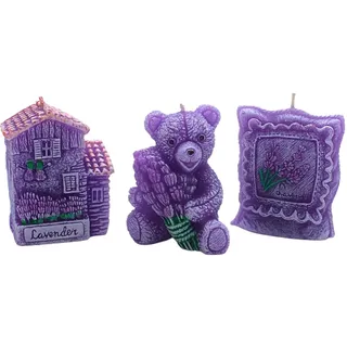 Dekohelden24 Lavendelkerze, Duftkerze Lavendelduft, Raumerfrischer Lavendel, Lavendercandle, Lavendel Duftkerze, Lieferumfang: 3 Lavendel - Kerzen. Maße Einer Kerze: L/B/H 5 x 3 x 7,5 cm.