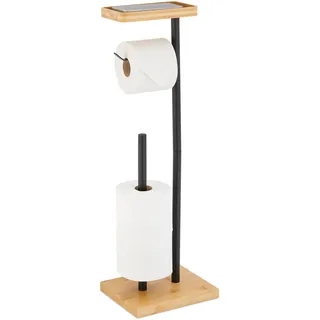 Relaxdays Toilettenpapierhalter, 3 Ersatzrollen, Ablage, Bambus, Metall, 66,5x21x17 cm, WC-Rollenhalter, schwarz/Natur