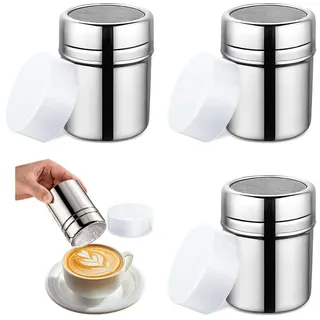 HMCEY 4 Stück Mehlstreuer mit Deckel Edelstahl,Kakao Streuer Cappuccino,Zimtstreuer Klein,Puderzuckerstreuer PuderzuckermüHle,Salzstreuer für Zimt und Zucker,Puderzuckersieb für Staubzuckerstreuer