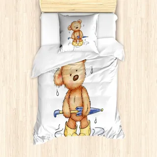 ABAKUHAUS Bär Mantele, Teddybär-Regen-Regenschirm, Milbensicher Allergiker geeignet mit Kissenbezügen, 135 cm x 200 cm - 80 x 80 cm, Sand, Braun, Gelb Blau - Beige, Braun, Gelb, Blau