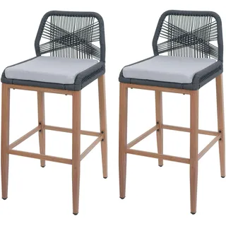 Mendler 2er-Set Rope-Barhocker HWC-O21, Outdoor Sitzpolster Seilgeflecht Metall Holz-Optik ~ anthrazit, Kissen hellgrau