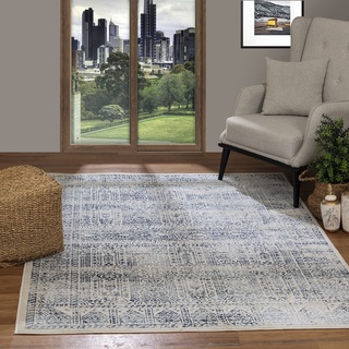 Livabliss Evora Vintage Teppich groß - Orientalischer Teppich Wohnzimmer 160x215 cm, Esszimmer, Schlafzimmer - Boho Teppich, Kurzflor Teppich für einfache Pflege - Muster Teppich in Blau und Elfenbein