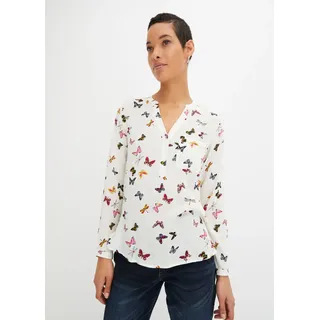 Langarmbluse BONPRIX "Bluse aus fließender Viskose", Damen, Gr. 50, weiß (wollweiß schmetterlinge), Obermaterial: 100% Viskose, oversize, Blusen Langarmbluse, Oversize-Passform, für vielseitige Anlässe, aus Viskose