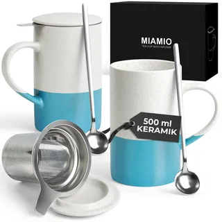 MIAMIO - Tee Tassen Set 2 x 500 ml mit Deckel und Sieb/Keramik Tee Becher mit Teeei und Löffel für die Zubereitung von losem Tee, Geschenke für Frauen - Mikrowellen- & Spülmaschinenfest (Blau)
