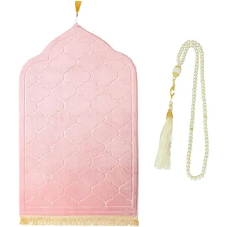 CRFASIBE Muslimischer Gebetsteppich Set mit Tesbih Gebetskette, Flanell Gebetsmatte, Islamische Sajadah Geprägte Gebetsteppich mit Fransen, Ramadan Geschenk Set(Rosa)