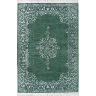 Nouristan Orient Teppich – Wohnzimmerteppich Orientalisch mit Fransen Vintage Orientalischer Samt-Teppich für Esszimmer, Wohnzimmer, Schlafzimmer – Grün, 135x195cm