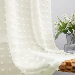 KOUFALL Durchscheinende Vorhänge, Pompons, Boho-Stil, strukturiert, für Wohnzimmer, Landhaus, Schlafzimmer, Waschraum, 2 Paneele, 132 x 244 cm lang, cremeweiß/elfenbeinfarben