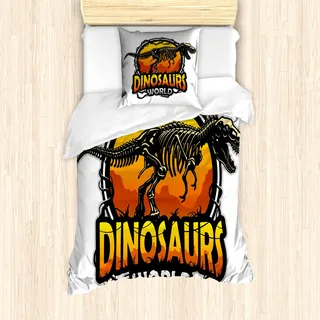 ABAKUHAUS Dinosaurier Mantele, Dino Welt Scary Beast, Milbensicher Allergiker geeignet mit Kissenbezügen, 135 cm x 200 cm - 80 x 80 cm, Orange Gelb Grau - Orange