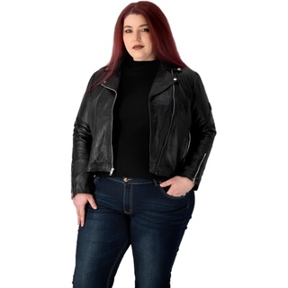 URBAN 5884 Plus Size MIKA Damen Lederjacke, Herbstjacke aus weichem und strapazierfähigem echtem Lammfell, Damenjacke im Biker-Stil für die kurvige Figur, Schwarz, 46