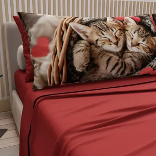 PETTI Artigiani Italiani - Bettwäsche Tiere mit Katzen aus Baumwolle mit Kissenbezügen mit Digitaldruck, Bettlaken für Einzelbett, Rotes Einzelbett, 100% Made in Italy