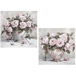 DRW Leinwandbild, Vase mit Blumen, handbemalt, in Rosa und Grün, 40 x 3,5 x 40 cm