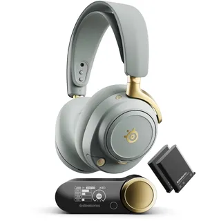 SteelSeries Arctis Nova Elite - Salbei & Gold - Hi-Res Wireless-Headset – 96 kHz/24 Bit – Carbonfaser – ANC – KI-Geräuschunterdrückung – App – 2,4 GHz + BT – Multi-Source-Mix – OmniPlay PC+PS+Xbox