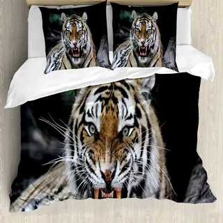 ABAKUHAUS afrikanisch Bettbezug, Roaring Tiger Wildlife, Milbensicher Allergiker geeignet mit Kissenbezügen, 155 cm x 220 cm - 80 x 80 cm, Mehrfarbig