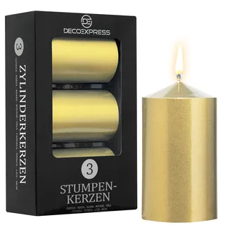 DECO EXPRESS Stumpenkerzen Set, 3er-Pack Metallic Kerzen, Lange Brenndauer 30 Stunden, Geruchslos & Rußarm, Deko Kerzen für Weihnachten, Adventskranz & Besondere Anlässe' (Gold - 3er-Pack)