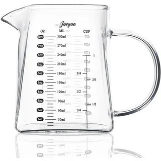 Joeyan 300ml Espresso Messbecher Glas mit Griff,Klein Coffee Measuring Cup mit Skala,Transparent Milchkännchen mit V-förmiger ausguss,Messgläser ML/OZ/Cup für Cocktail Kaffee Matcha, Borosilikatglas