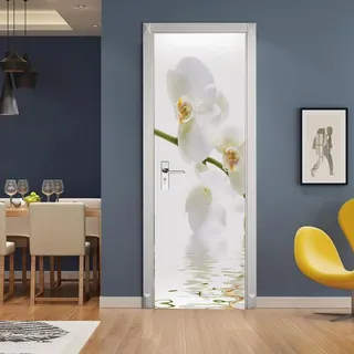 A.Monamour Türtapete Selbstklebend Türfolie Türposter 3D Weisse Orchidee Vinyl Folie Türdeko Tapete Wandbild Türaufkleber Türtattoo 90x200cm