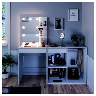 Vicco Schminktisch Isabelle, 140 cm mit LED Beleuchtung und Schrank, Weiß - Weiß