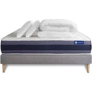 Komplettpaket Bett - Matratze 180x200 cm + Boxspringbett mit Lattenrost (im Set) + 2 Kopfkissen + Bettdecke - Actiflex Morpho - Grau