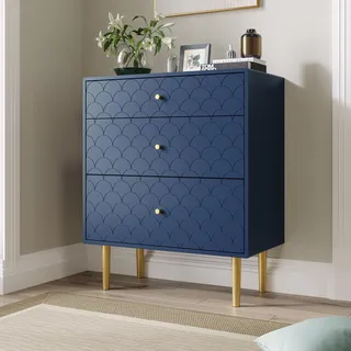 Flieks Kommode Sideboard mit 3 Schubladen Fischschuppenmuster 75*40*89cm Marineblau - Blau