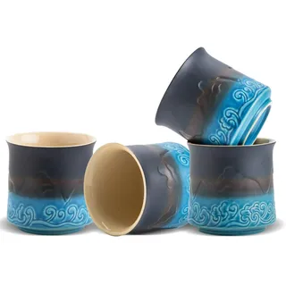 ZENS Japanische Teetassen 4er Set, 240ml Ästhetik Geprägte Tassen für Matcha Tee, Traditionelle Japan Tassen Ohne Henkel, Teeliebhaber Geschenke, Marineblau