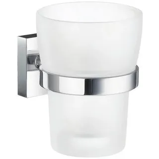 Zahnputzbecher , Chromfarben , Metall, Glas , 7.5x9.8x9.3 cm , Wandbefestigung möglich, inkl. Befestigungsmaterial , Badaccessoires, Zahnputzbecher
