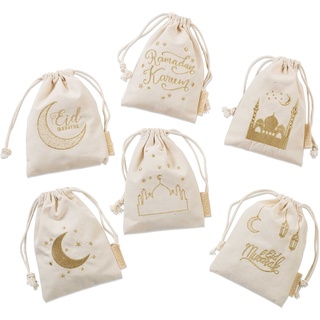 Papierdrachen 6 Geschenksäckchen zu Ramadan - aus Baumwolle - wunderschön und hochwertig gold bedruckt - ideal zum Verpacken von Geschenken - Größe 13x18 cm mit Zugband Set 1