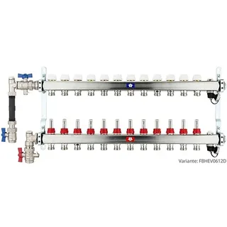 Fußbodenheizungsverteiler aus Edelstahl mit Topmeter für 12 Heizkreise - mit WMZ-Anschlussset 110 mm senkrecht