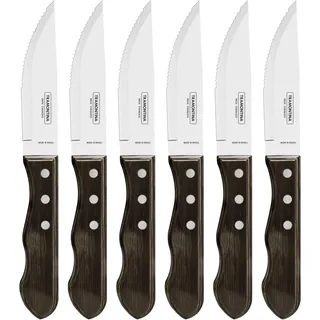 Tramontina JUMBO 6 Steakmesser, Wellenschliff, rostfreier Edelstahl, scharf, spülmaschinenfest, FSC-zertifizierte Holzgriffe, ergonomisch, 6-teiliges Set, Messerset