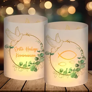 12 Windlicht Tischdeko, Erstkommunion Deko Junge Mädchen, Erste Heilige Kommunion Deko Eukalyptus Grün, Kommunion Geschenke Gastgeschenke, Kommunionsgeschenke, für Teelichter oder Kerzen