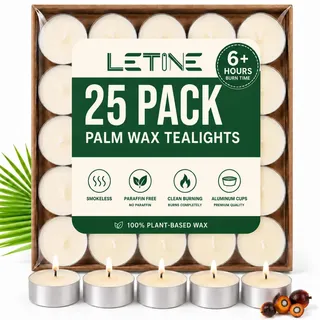 LETINE Natürlich Teelichter 25 Stück, 6 Stunden, 100% Palmwachs, Weiß